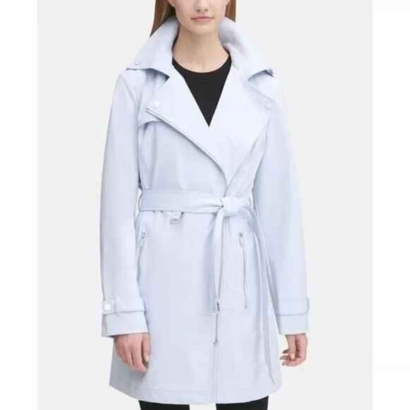 DKNY Asymmetrical Softshell Belted Sugar Blue Raincoat Trench Coat Plus Size L - Picture 1 of 12
